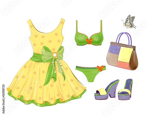 Fashion kit for girls. Dress, handbag, bikini and sandals.