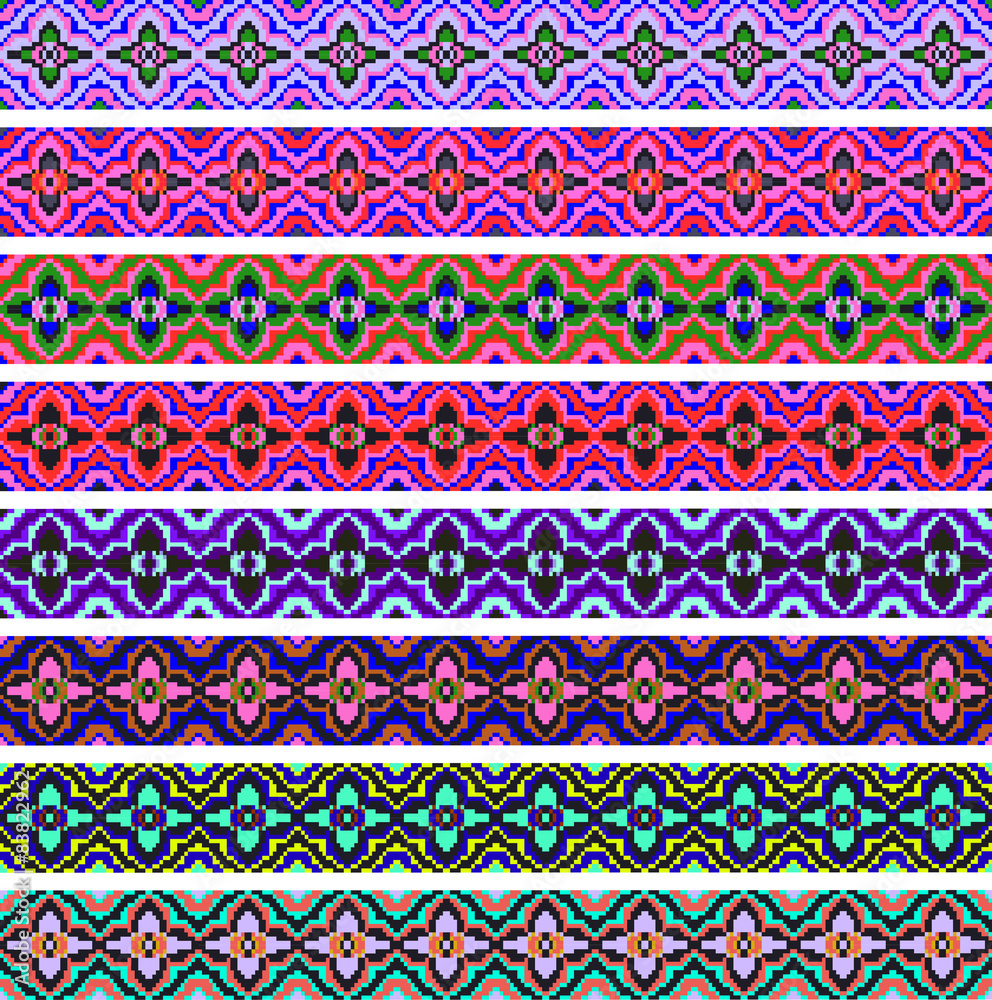 set of ornamental strips of colored geometric ornament