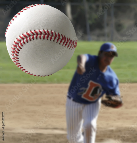 Closeup of a baseball being pitched.