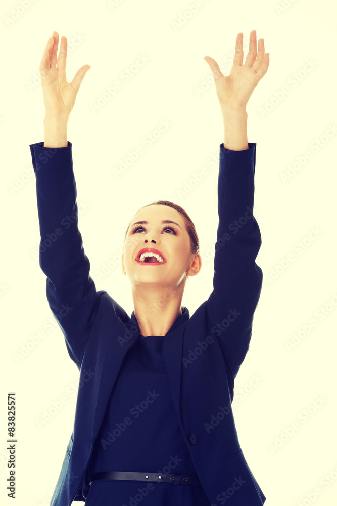 Businesswoman holding hands up Businesswoman holding hands up