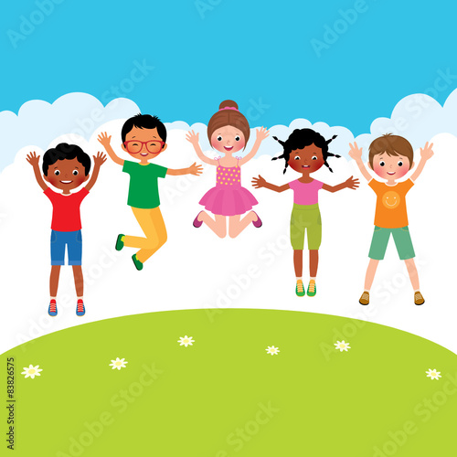 Group of jumping children of different nationalities