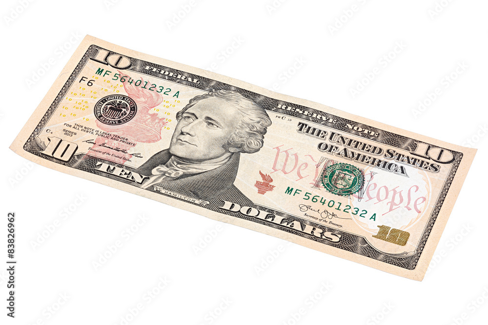 Photo of 10 dollars bill stacked end isolated on white backgroun Photo of 10 dollars bill stacked end isolated on white backgroun