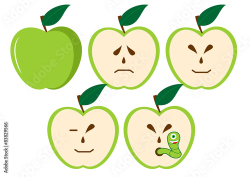 Green apples with different characters 