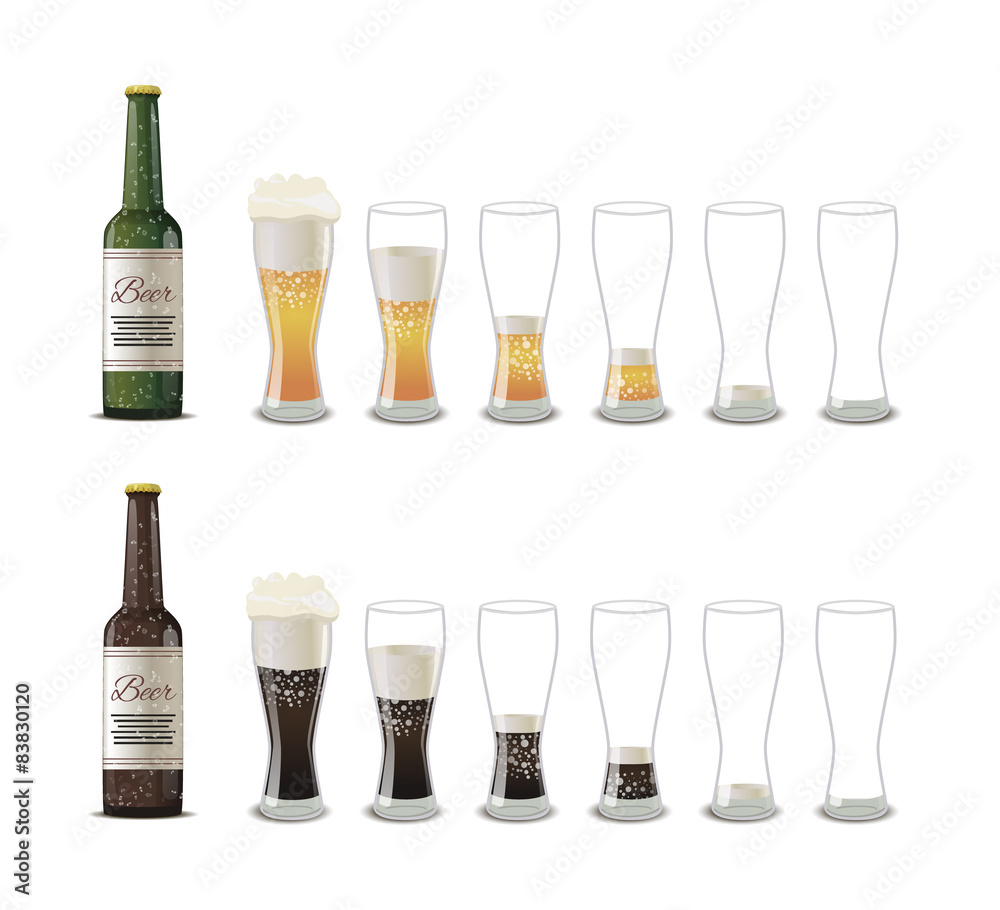 Bottles of dark and light beer with glasses icons isolated on Bottles of dark and light beer with glasses icons isolated on