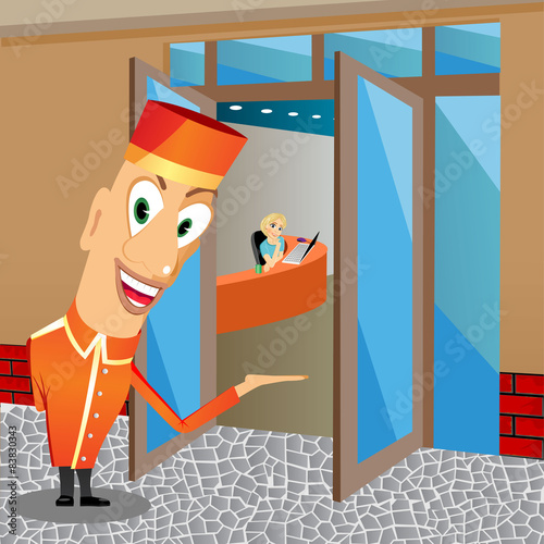 smiling bellhop inviting you