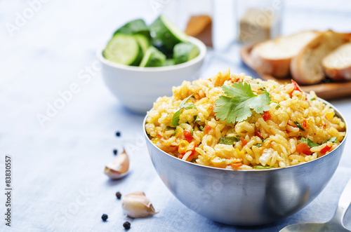 saffron rice with vegetables and cilantro