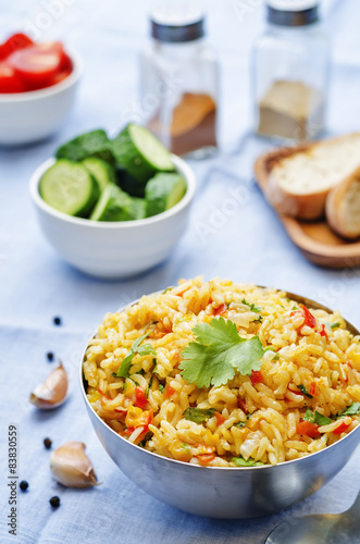 saffron rice with vegetables and cilantro