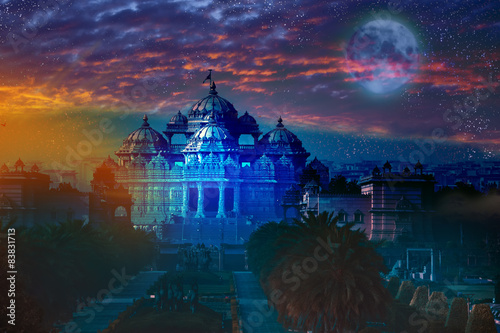 India. Delhi.temple Akshardham by light of  full Moon.  photo