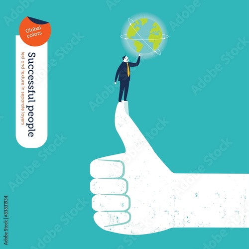 Businessman owning the world on an I like hand