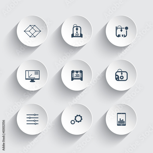 3d printer, printing, additive manufacturing, round 3d icons