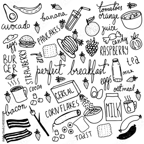 Breakfast food and icons doodle set