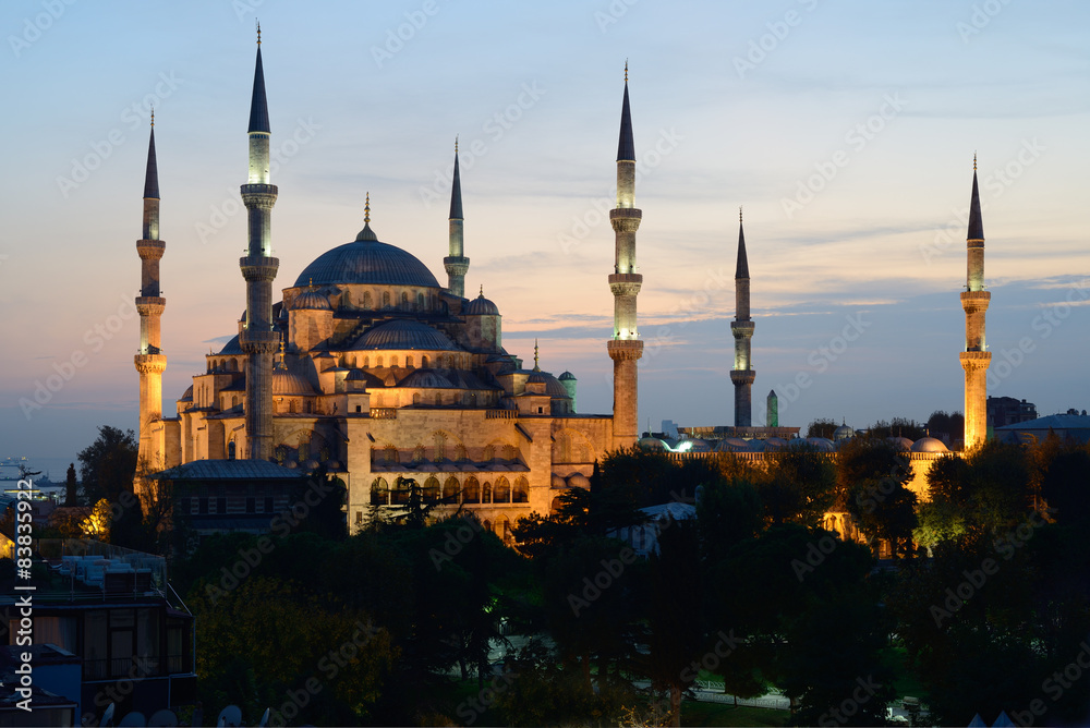 Istanbul. Illuminated Blue Mosque at twilight