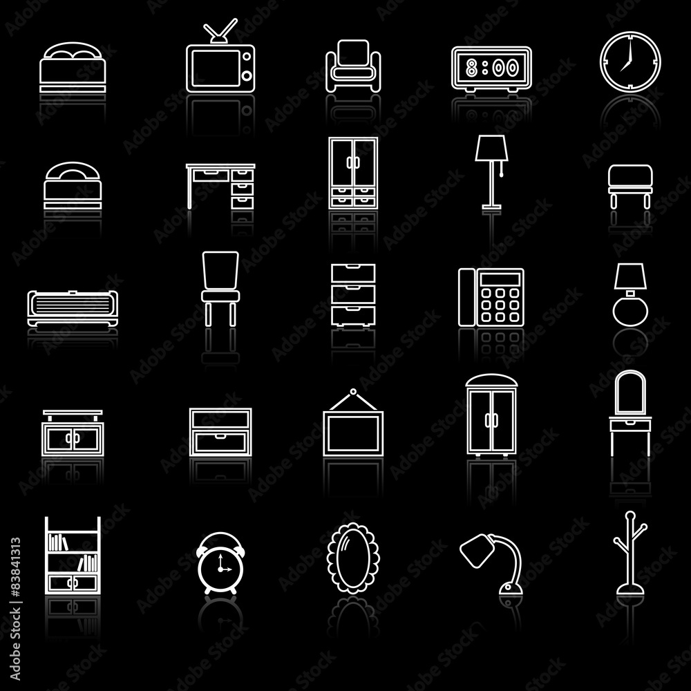 Bedroom line icons with reflect on white