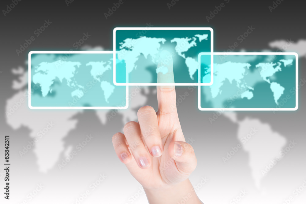 Hand pushing and touch world map button with technology backgrou Hand pushing and touch world map button with technology backgrou