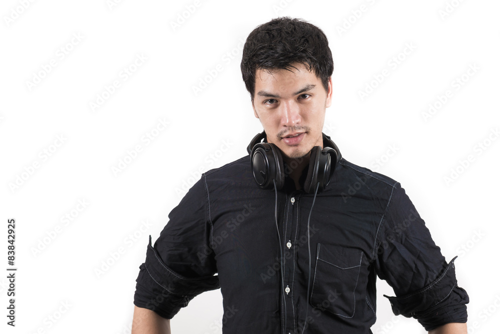 Isolated asian man with headset Isolated asian man with headset