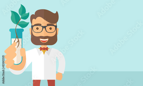 Chemist with tube and eco leaves.