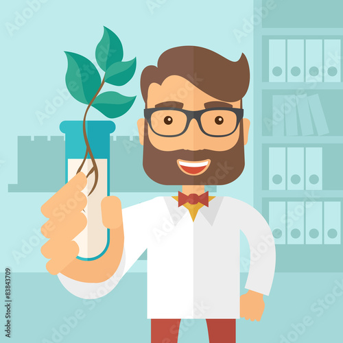 Chemist with tube and eco leaves.