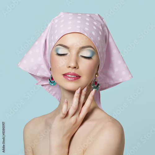 Εκτύπωση καμβά Fashion portrait of beautiful woman with kerchief perfect makeup