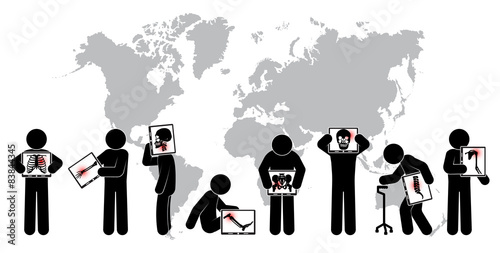 Stick man hold monitor screen :show skeleton,world map