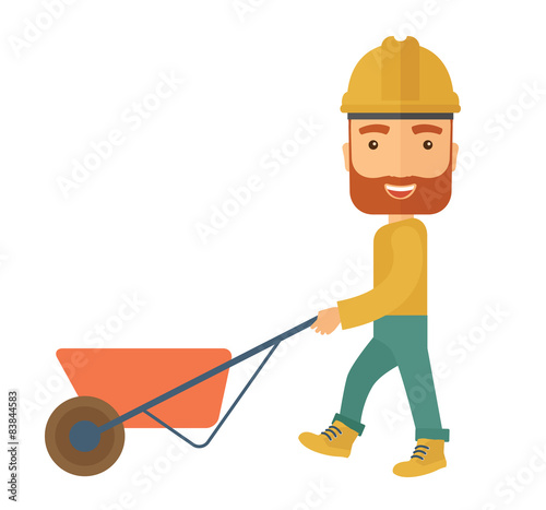Gardener pushing a wheelbarrow.