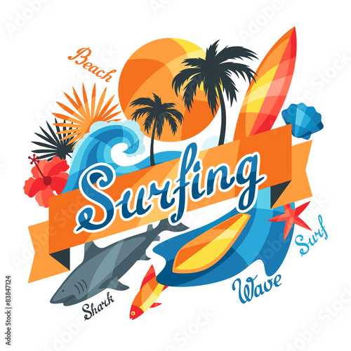 Background with surfing design elements and objects