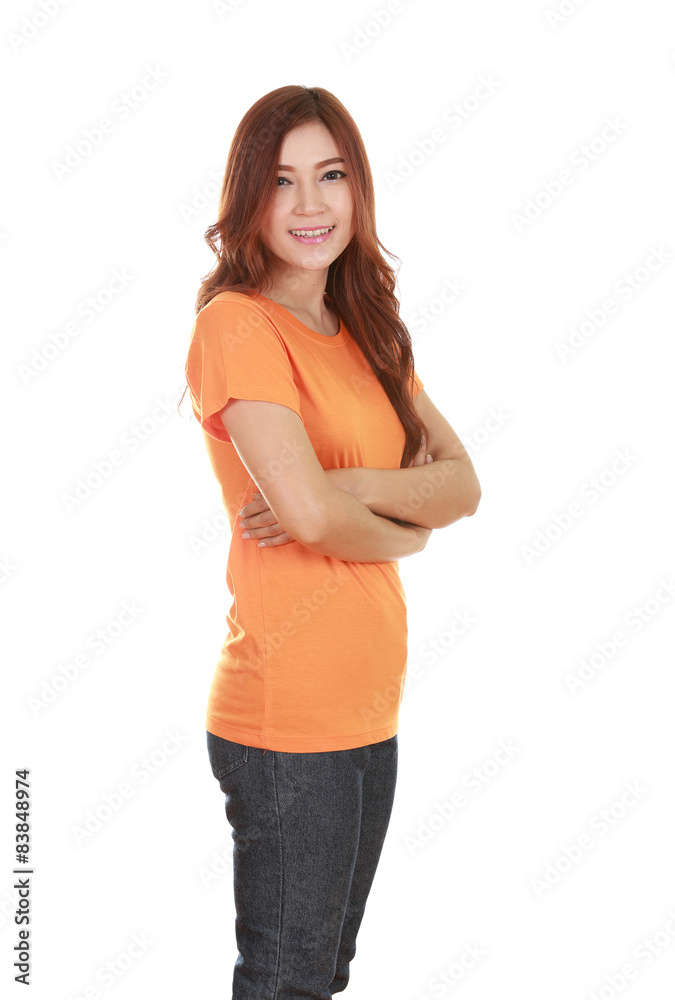 woman with arms crossed, wearing t-shirt woman with arms crossed, wearing t-shirt