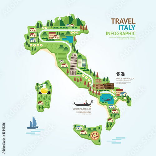 Photo Infographic travel and landmark italy map shape template design.