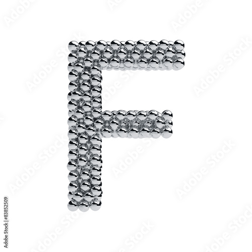Metallic spheres alphabet letter symbol - F isolated on white ba