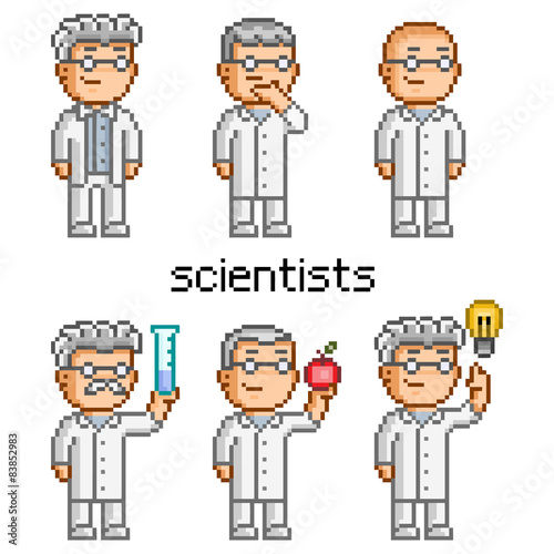 Vector pixel art scientist. Doctor, professor, teacher and chemi