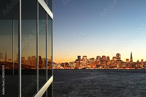 Photography City reflected in the glass of an office building
