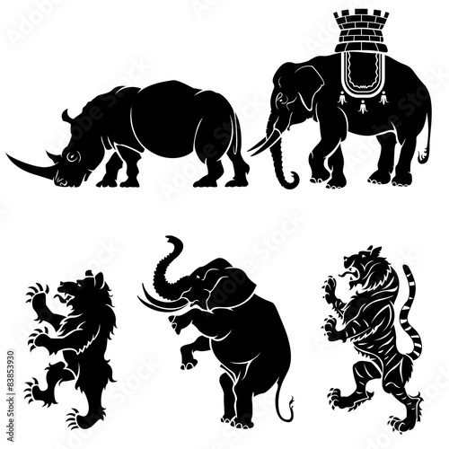 Set of black silhouette on big mammal animal heraldry element