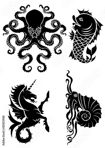 Set of black silhouette on sea heraldry element