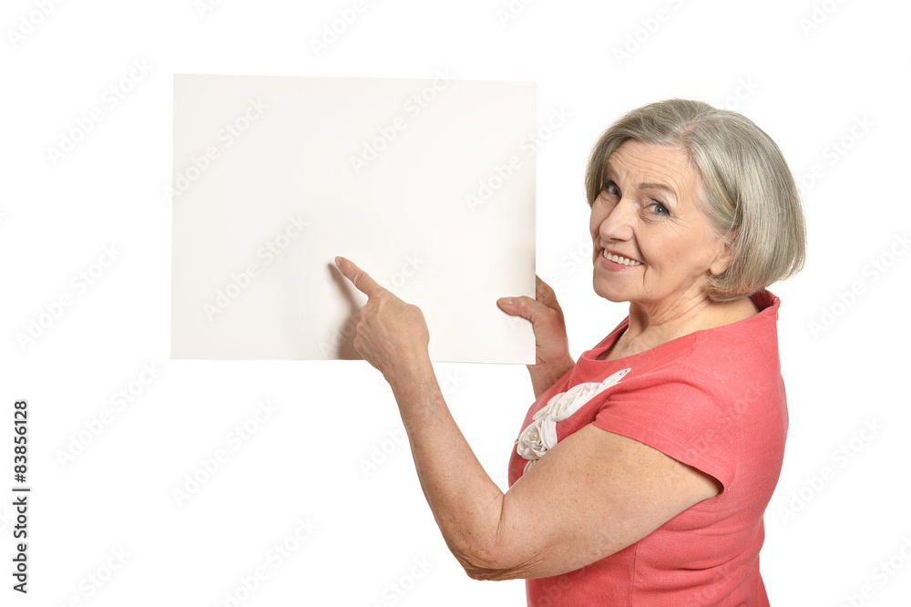 Full length portrait of senior woman holds banner Full length portrait of senior woman holds banner