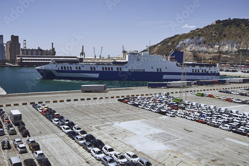 Cargo ship at the sea in industrial port.