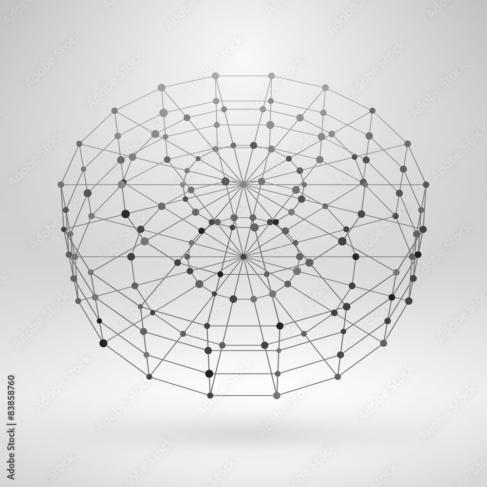 Wireframe Polygonal Element. 3D Cylinder with Lines and Dots