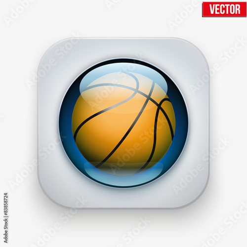 Sports button with ball under glass for website or app.