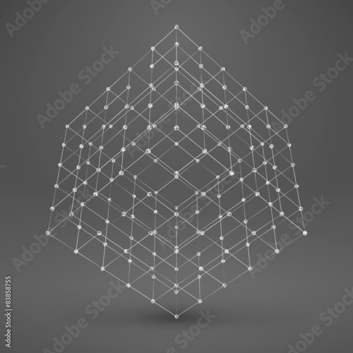 Wireframe polygonal element. 3D cube with lines and dots