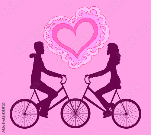 Fototapeta Naklejka Na Ścianę i Meble -  Vector illustration with happy couple riding on bikes