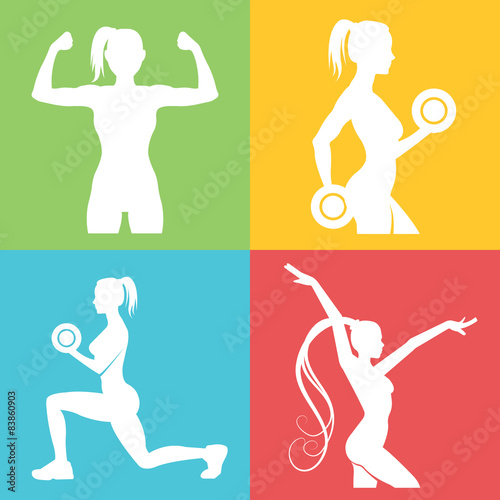 Set of fitness logo with woman silhouettes