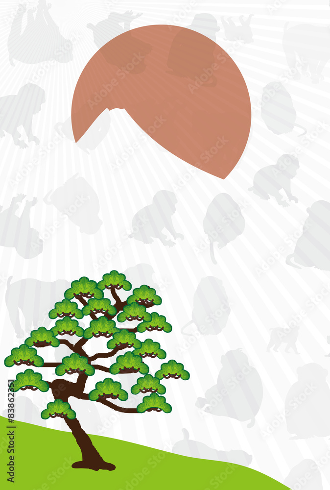 申年の干支の猿と松の木のイラスト年賀状テンプレート白地余白 Stock Illustration Adobe Stock