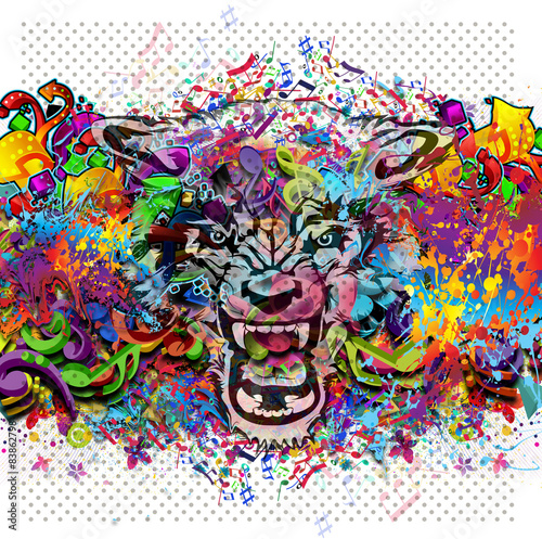 Angry wolf head on abstract...