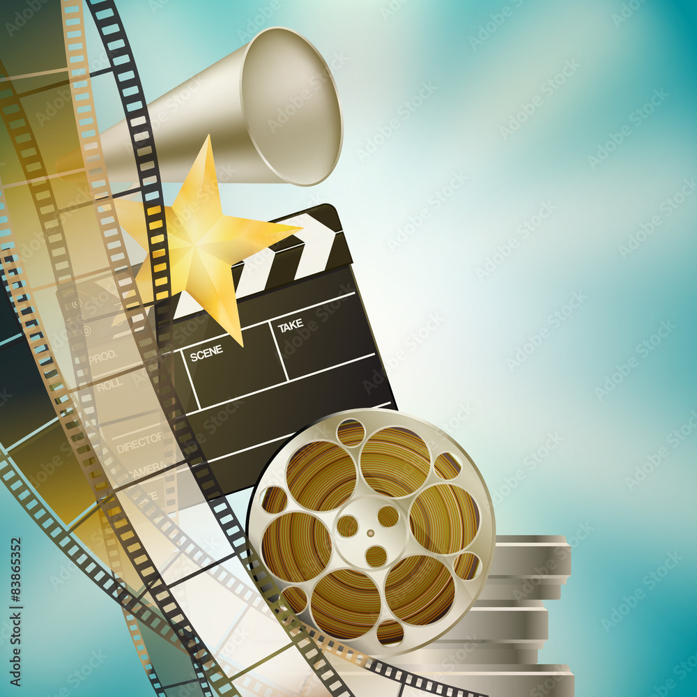Fototapeta premium cinema blue background with retro filmstrip, clapper and stars l