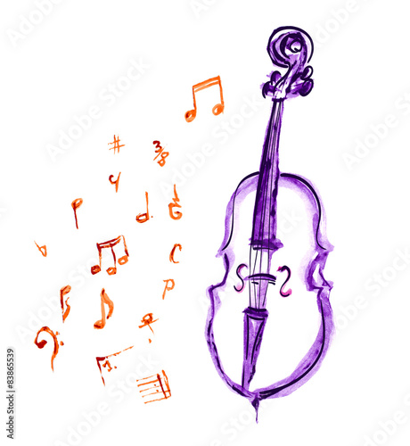 watercolor violet hand drawn cello and musical notes