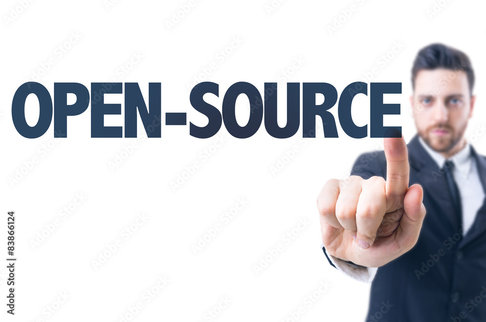 Business man pointing the text: Open-Source Business man pointing the text: Open-Source