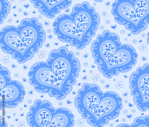 Abstract vector seamless with blue hearts with words of love