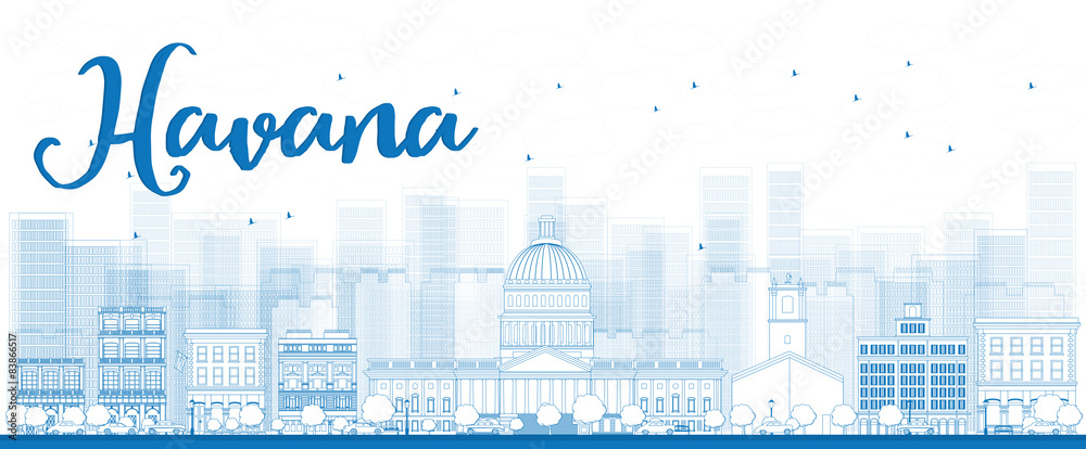 Outline Havana Skyline with Blue Building