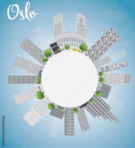 Oslo Skyline with Grey Building, Blue Sky and copy space