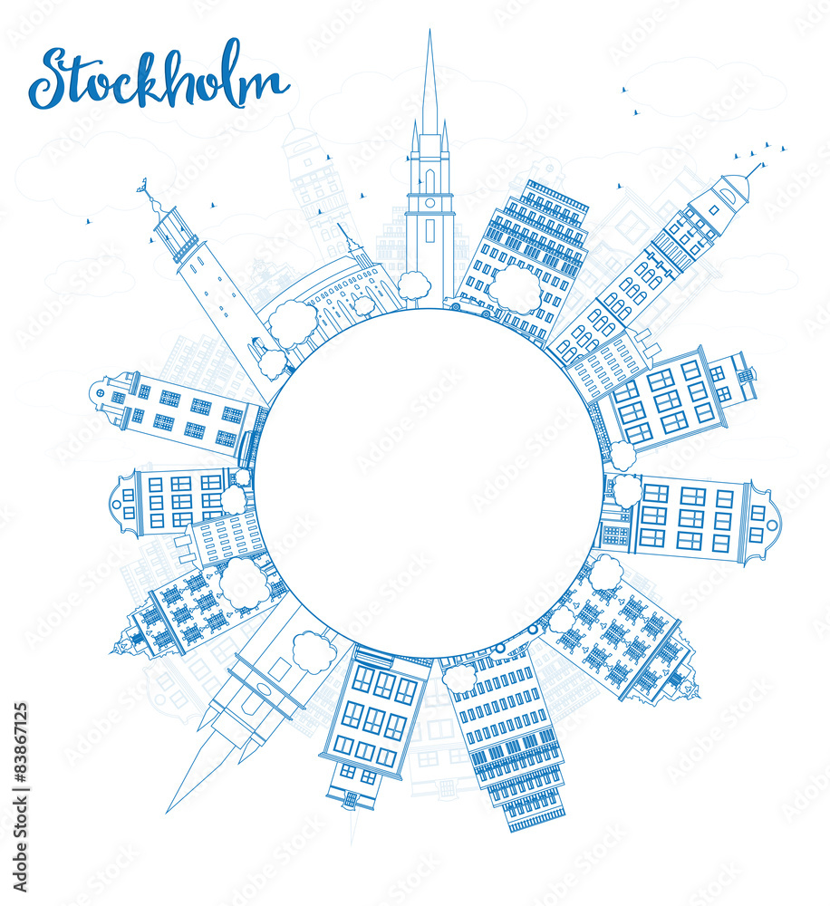 Outline Stockholm Skyline with Blue Buildings