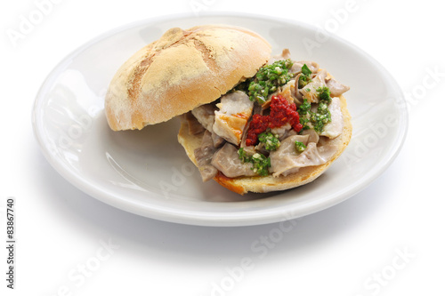 lampredotto sandwich, italian food isolated on white background