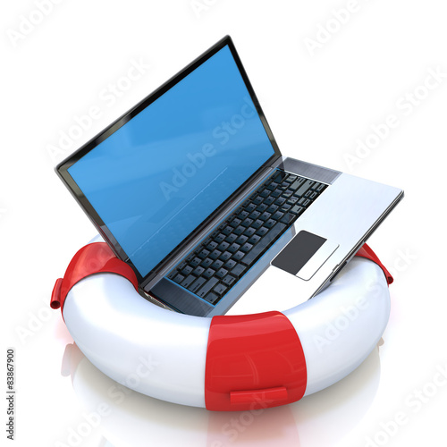 Laptop on lifebuoy over white, support, service concept